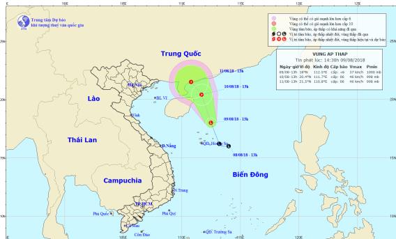 Áp thấp trên biển Đông đang mạnh lên